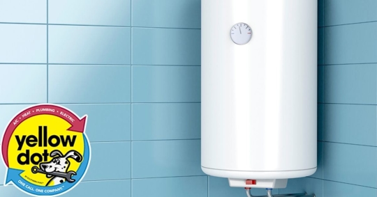 Photo of a water heater on blue tiles