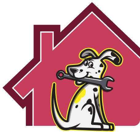 Cartoon dog holding a wrench in its mouth sits in front of a stylized red house outline.