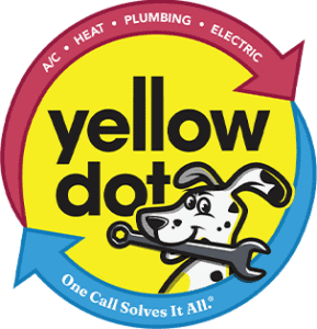 Yellow Dot logo with a cartoon dog holding a wrench, featuring text for A/C, heat, plumbing, and electric services.