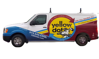 White van with “yellow dot” logo, cartoon dog, HVAC service info, and contact number 919-444-COOL on the side.