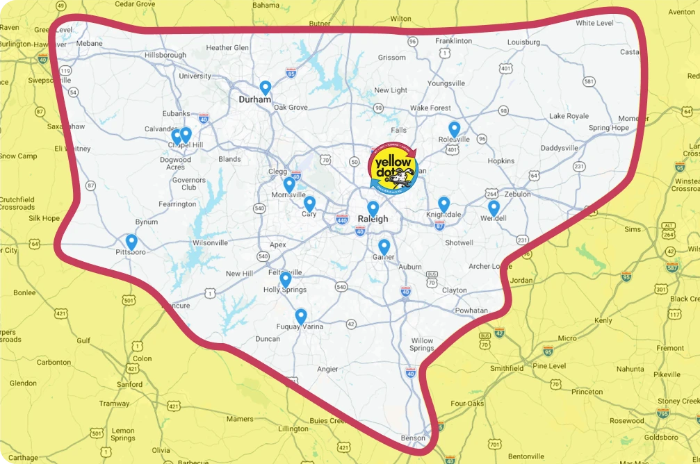 A map shows the Raleigh-Durham area with a red boundary outline and several blue location markers, featuring a “Yellow Dog” logo centered on Raleigh.