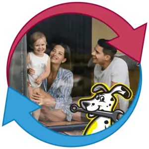 A smiling family with a baby looks out a window, framed by circular red and blue arrows, with a cartoon dog illustration in the foreground.