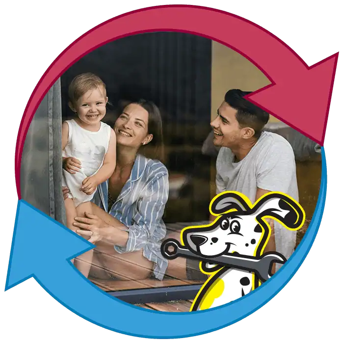 A smiling family with a baby looks out a window, framed by circular red and blue arrows, with a cartoon dog illustration in the foreground.
