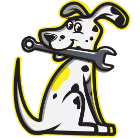 Cartoon Dalmatian dog sitting with a wrench in its mouth, outlined in yellow, with black spots and a playful expression.