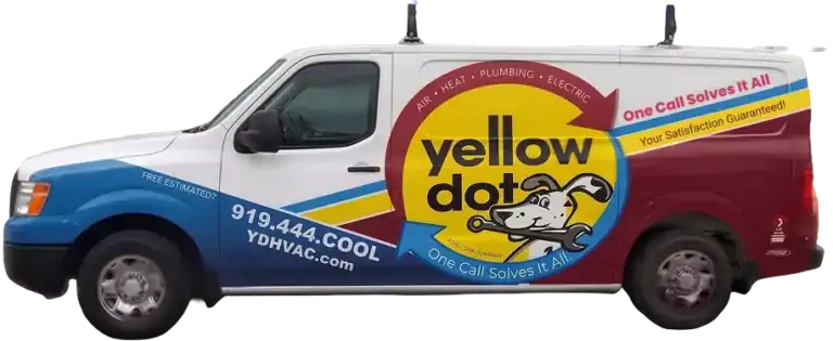 White service van with “yellow dot” logo, cartoon dog, and contact info for HVAC, plumbing, and electric services. Slogan says, “One Call Solves It All.”.