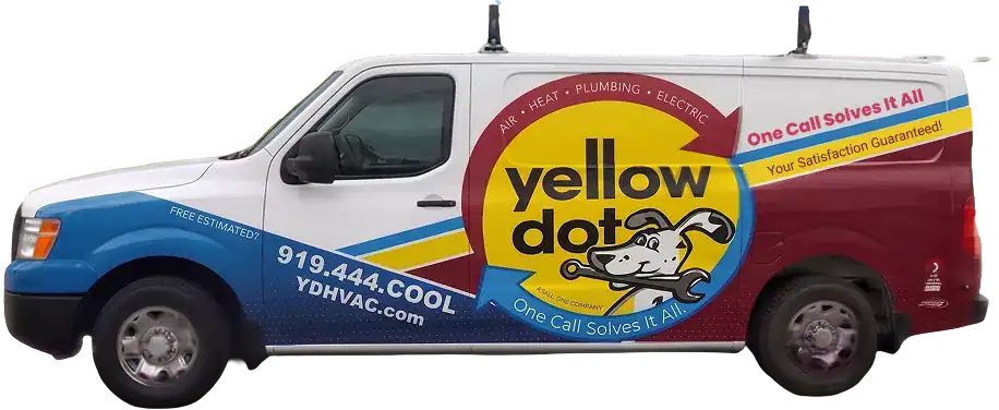 White service van with “yellow dot” logo, cartoon dog, and contact info for HVAC, plumbing, and electric services. Slogan says, “One Call Solves It All.”.